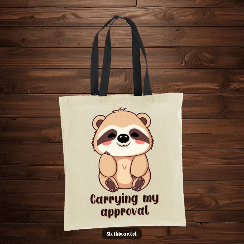 Funny Tote Bag with a kawaii sloth bear character giving a slow, friendly nod, perfect for carrying essentials with calm and humor.