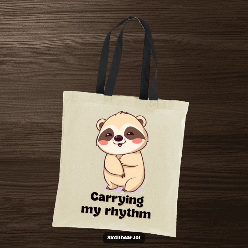Funny tote bag showcasing a sloth bear in a slow, deliberate wiggle, practical for carrying items with style.