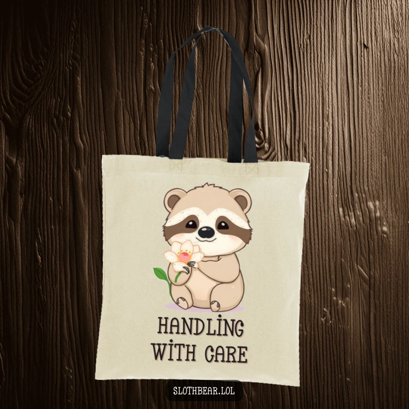 Funny sloth bear tote bag with a paw gently touching a flower petal, offering a blend of nature, art, and humor.