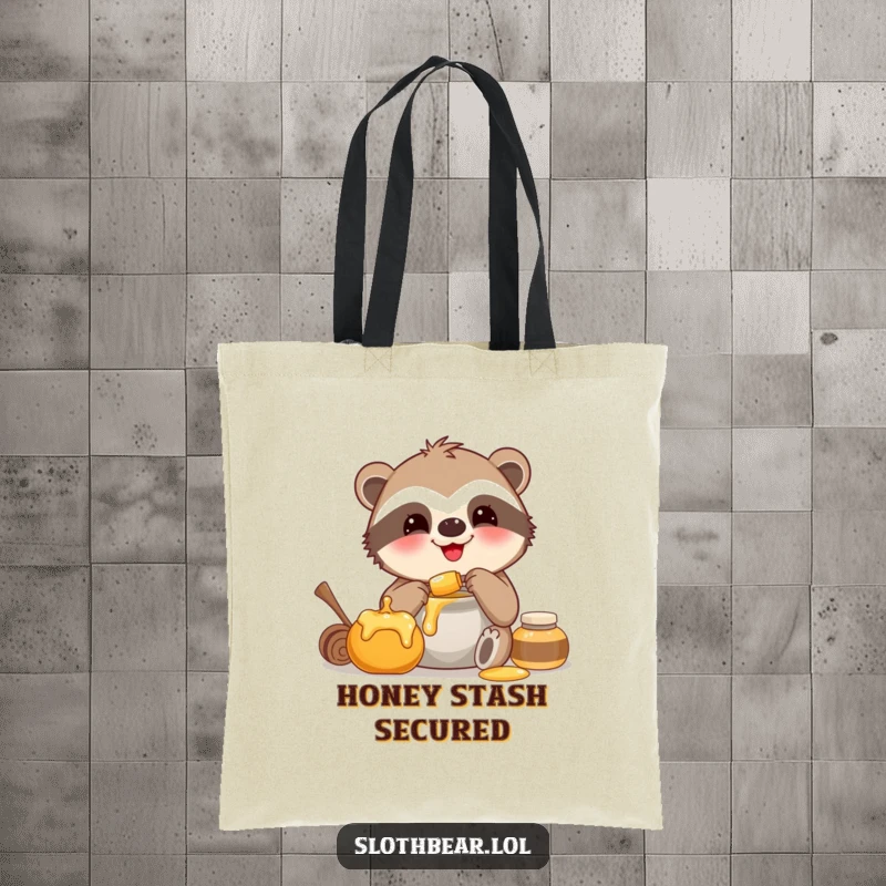 Funny tote bag with a smiling sloth bear happily consuming honey, perfect for errands and treats.