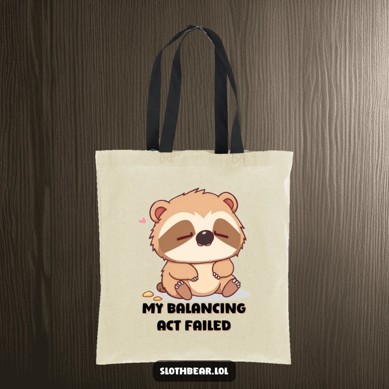 Funny tote bag with a dazed sloth bear appearing confused after a gentle fall, practical and amusing.