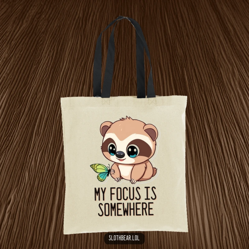 Funny Tote Bag: A sloth bear with big, curious eyes is utterly mesmerized by a fluttering butterfly, perfect for everyday charm.