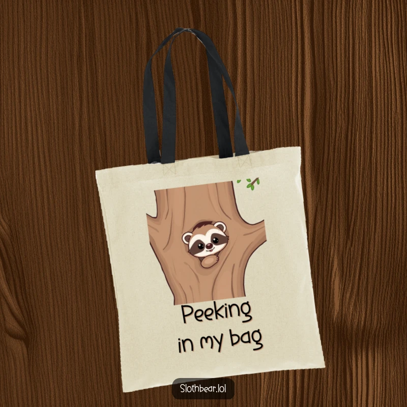 Funny tote bag design: A kawaii sloth bear character peeking with wide, curious eyes from behind a large tree, full of wonder.